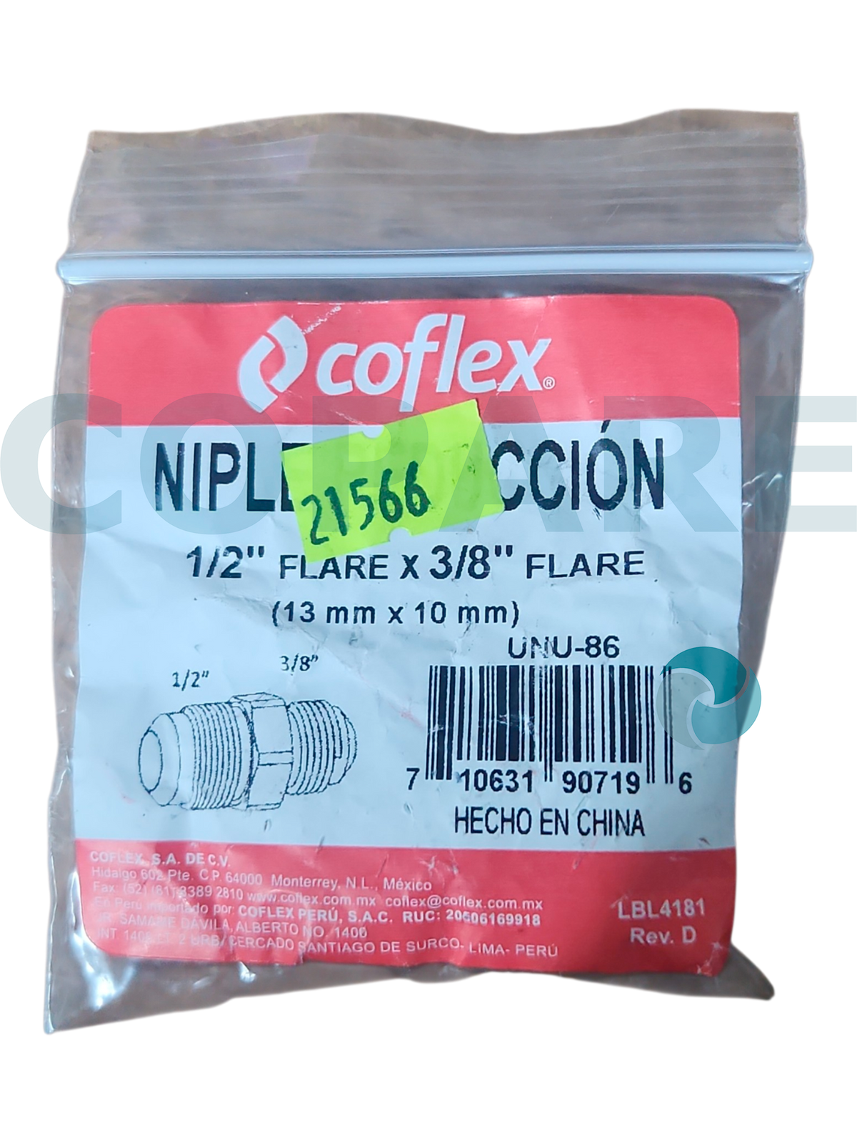 NIPLE UNION 1/2" FLARE X 3/8" FLARE COFLEX UNU-86