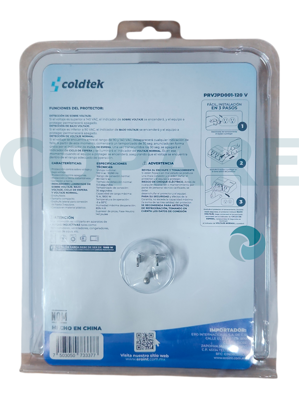 PROTECTOR DE VOLTAJE 3 ENCHUFES COLDTEK PRVJPD001